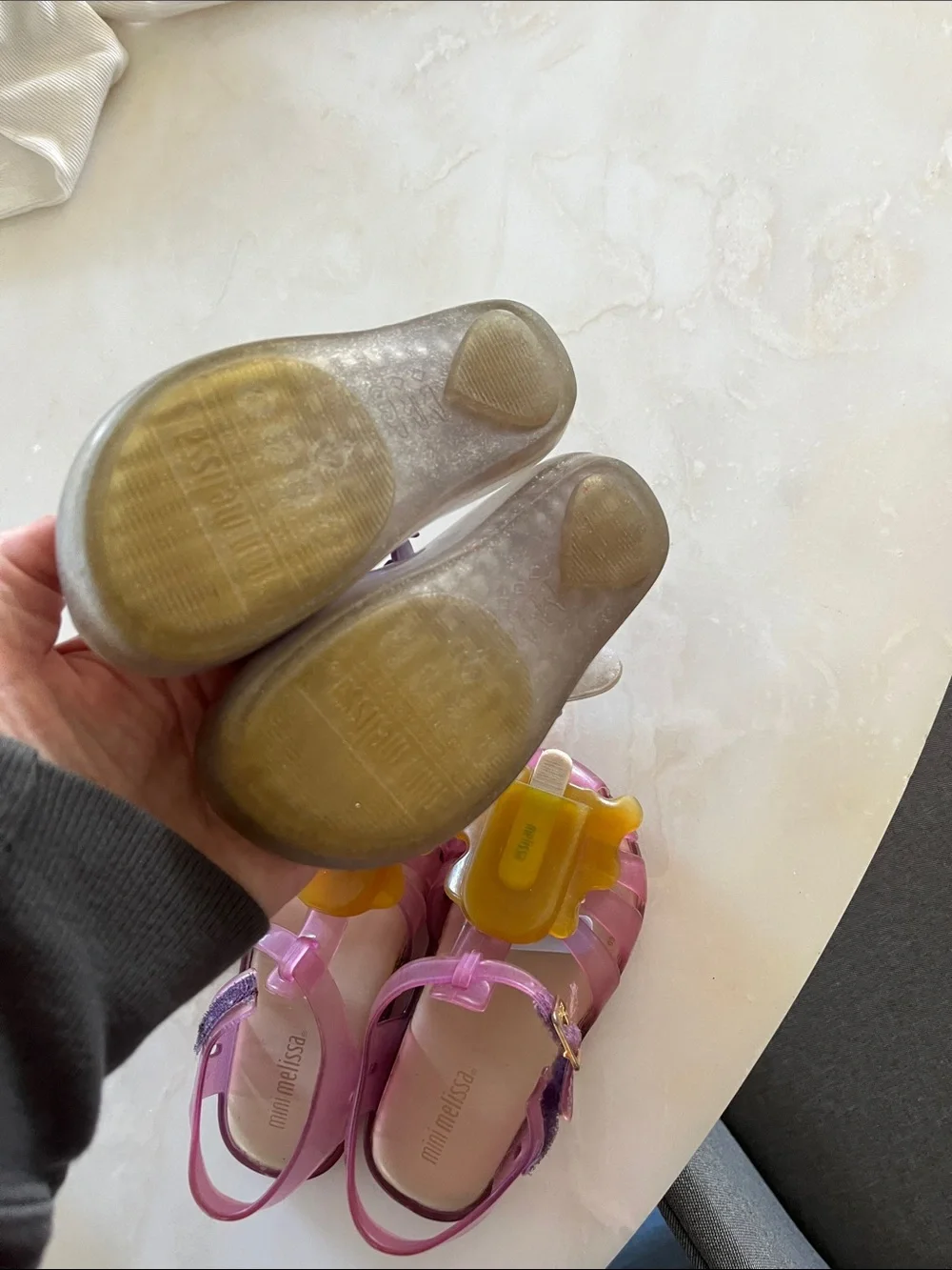 Mini Melissa Purple Glitter Mary Jane & Pink Jelly Sandals with Yellow Accents